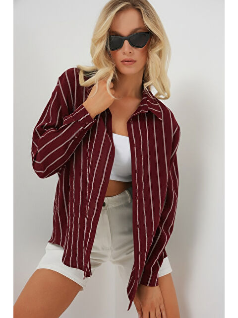 Bigdart Kadın Çizgili Oversize Gömlek 20293 - Bordo - S000386920-19951