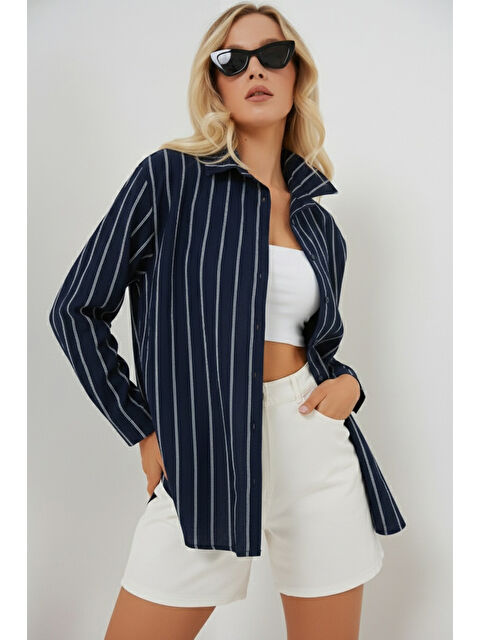 Bigdart Kadın Çizgili Oversize Gömlek 20293 - Lacivert - S000386920-21164