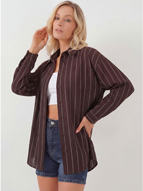 Bigdart Kadın Çizgili Oversize Gömlek 20293 - Kahverengi - S000386920-19413