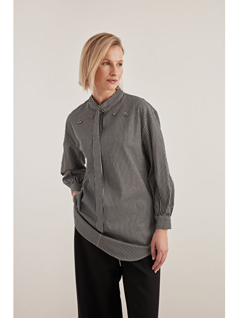 AKER Antrasit Yaka İşlemeli Çizgili Bluz - S000513615-29666