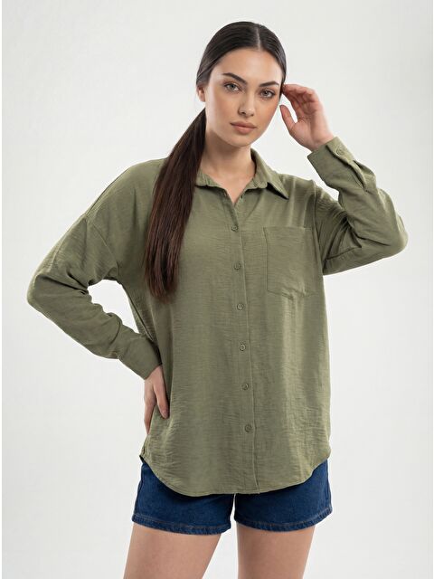 Bigdart 20153 Tek Cepli Oversize Keten Gömlek - A.Haki - S000085424-17354
