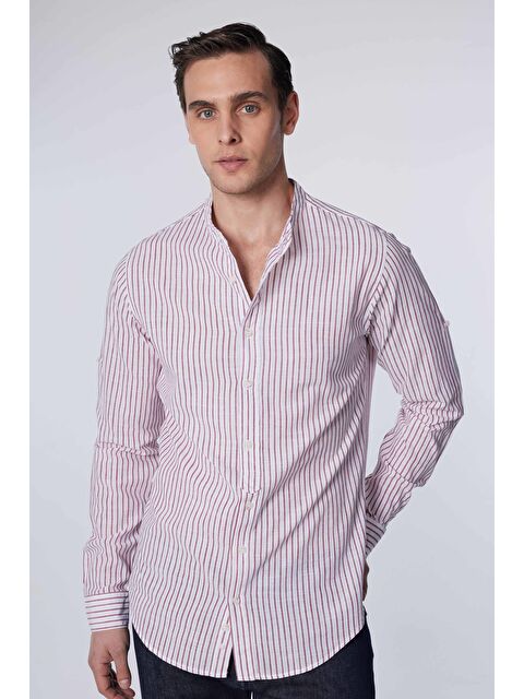 TUDORS Slim Fit Uzun Kollu Dar Kalıp Hakim Yaka Çizgili Yazlık Keten Doku Erkek Gömlek