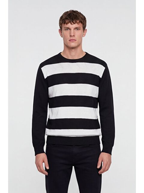 Sabri Özel Erkek Siyah Normal Kesim Regular Fit Yünlü Bisiklet Yaka Minimal Triko Kazak