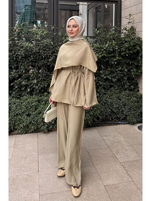 Locco Moda Kadın Şal Detay Bel Bağlamalı Takım Vizon - S000513618-26429