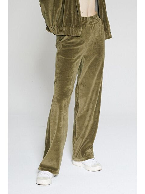 Chandraswear Haki Kadın Kadife Wide Leg Eşofman Altı - Tare - S000029026-18547