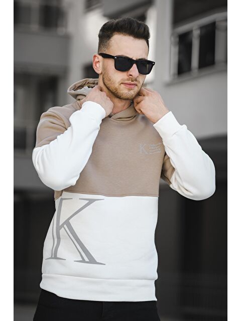 Oksit Kewin Üç İplik Şardonlu Baskılı Çift Renk Parçalı Kapüşonlu  Erkek Hoodie - S000125112-19413