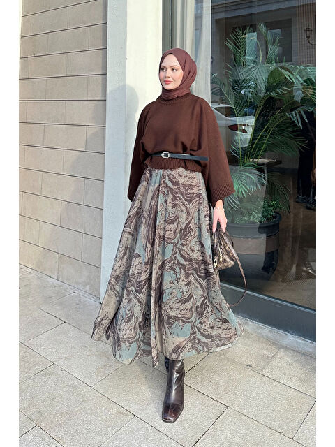 Locco Moda Kadın Soyut Desenli Sim Detay Kemerli Etek Haki Yeşil - S000513620-18547