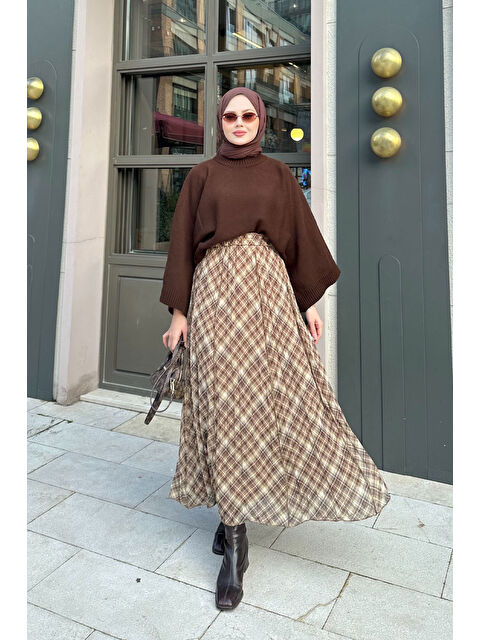 Locco Moda Kadın Dikiş Detay Etnik Desen Beli Lastikli Şifon Etek Yağ Yeşil - S000500060-18194