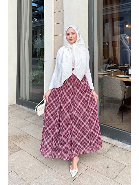 Locco Moda Kadın Dikiş Detay Etnik Desen Beli Lastikli Şifon Etek Fuşya - S000500060-18686