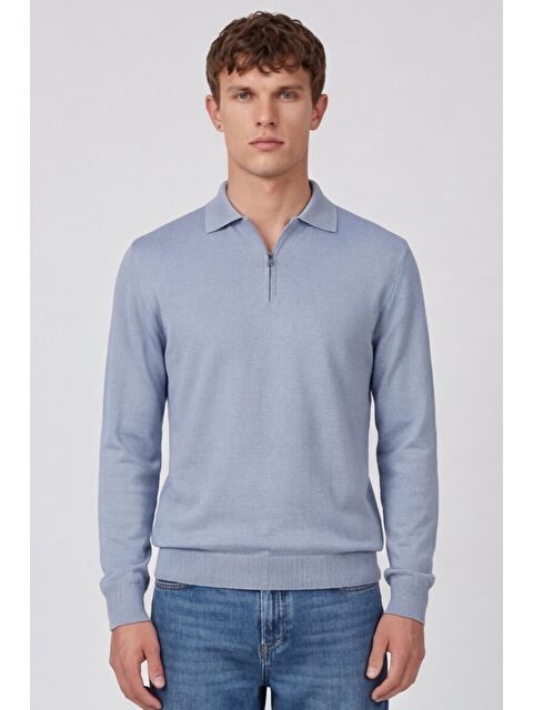 Sabri Özel Erkek Açık Mavi Normal Kesim Regular Fit Yünlü Düz Fermuarlı Polo Yaka Triko Kazak