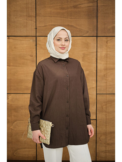 Locco Moda Kadın Krinkıl Kumaş Düğme Detay Gömlek Kahverengi - S000513626-19413