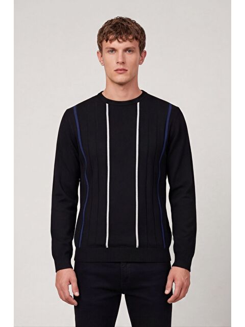 Sabri Özel Erkek Siyah Normal Kesim Regular Fit Yünlü Dokuma Çizgi Desen Bisiklet Yaka Triko Kazak