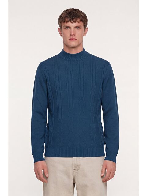 Sabri Özel Erkek Petrol Dar Kesim Slim Fit Yünlü Yarım Balıkçı Yaka Triko Kazak