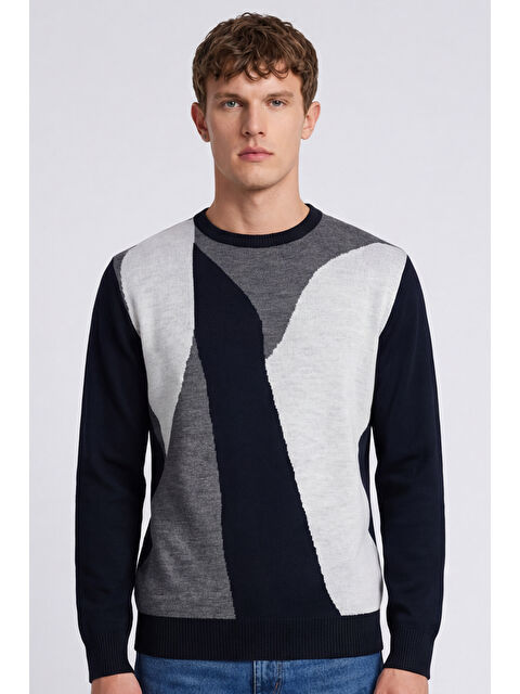 Sabri Özel Erkek Siyah Normal Kesim Regular Fit Yünlü  Desenli Bisiklet Yaka Triko Kazak