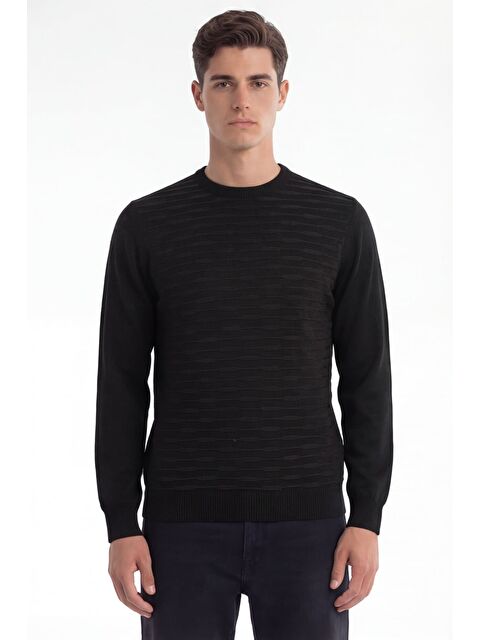 Sabri Özel Erkek Siyah Normal Kesim Regular Fit Yünlü Standart Boy Dokuma Triko Kazak