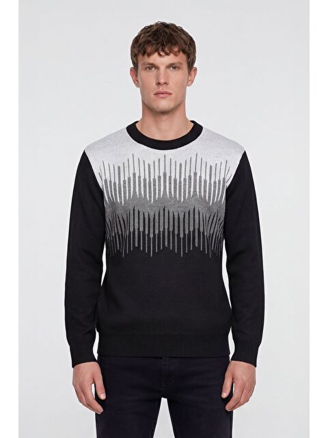 Sabri Özel Erkek Siyah Normal Kesim Regular Fit Yünlü Dokuma Triko Kazak