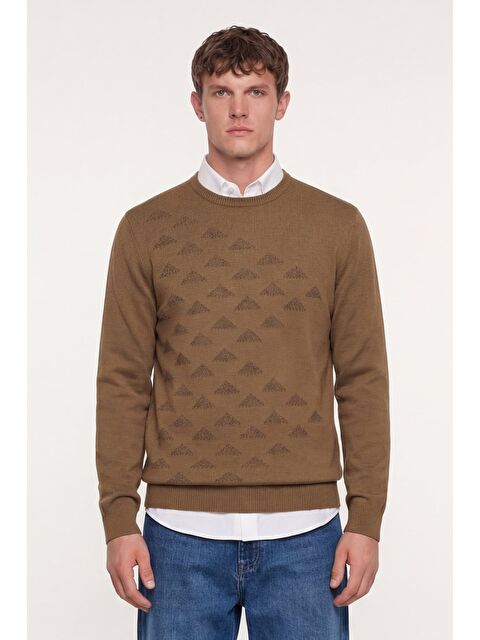 Sabri Özel Erkek Camel Normal Kesim Regular Fit Yünlü Bisiklet Yaka Triko Kazak