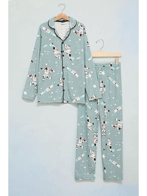 Pijakids Yeşil Astronot Baskılı Düğmeli Erkek Çocuk Pijama Takımı 17722 - S000146632-18194