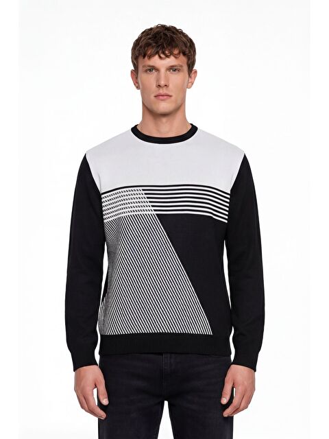 Sabri Özel Erkek Siyah Normal Kesim Regular Fit Yünlü Desenli Bisiklet Yaka Triko Kazak