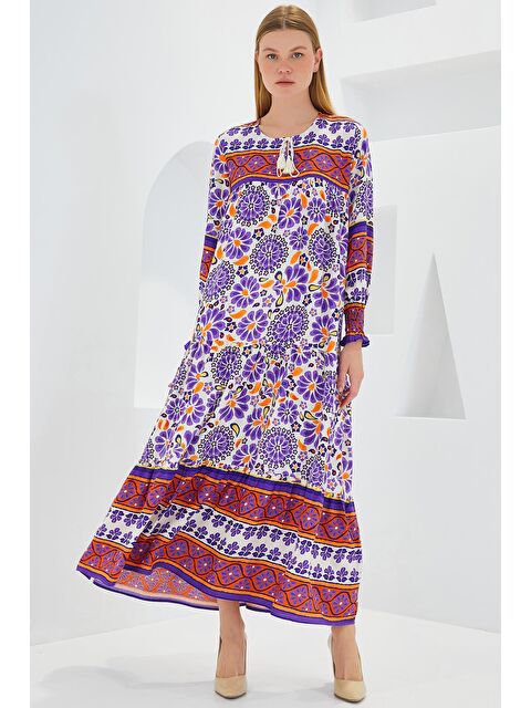 Bigdart Kadın Mor Kiremit Desenli Uzun Viskon Elbise 1947 - S000089469-5274