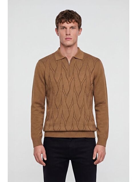 Sabri Özel Erkek Camel Yün Karışımlı Basic Triko Kazak
