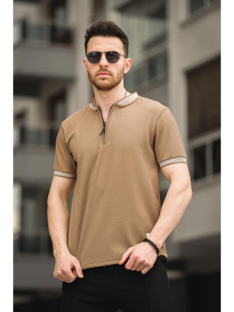 Oksit Petek Desen Fermuarlı Kolej Yaka Erkek Tişört - S000124827-14955