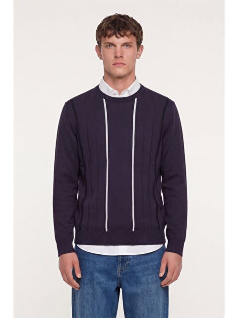 Sabri Özel Erkek Mor Normal Kesim Regular Fit Yünlü Dokuma Çizgi Desen Bisiklet Yaka Triko Kazak