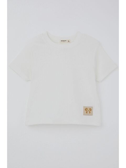 Breeze Kız Çocuk Crop Tişört Fiyonk Arma Detaylı Ekru (7-12 Yaş)