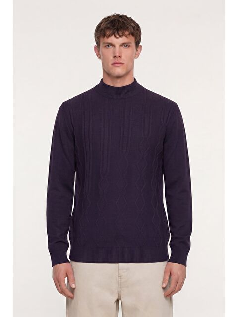 Sabri Özel Erkek Mor Dar Kesim Slim Fit Yünlü Yarım Balıkçı Yaka Triko Kazak