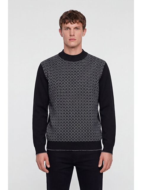 Sabri Özel Erkek Siyah Normal Kesim Regular Fit Yünlü Dokuma Desenli Triko Kazak