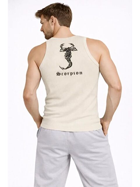 Jane's Erkek Fitilli Atlet Sıfır Yaka Slim Fit Arka Baskılı Spor Atlet - Krem