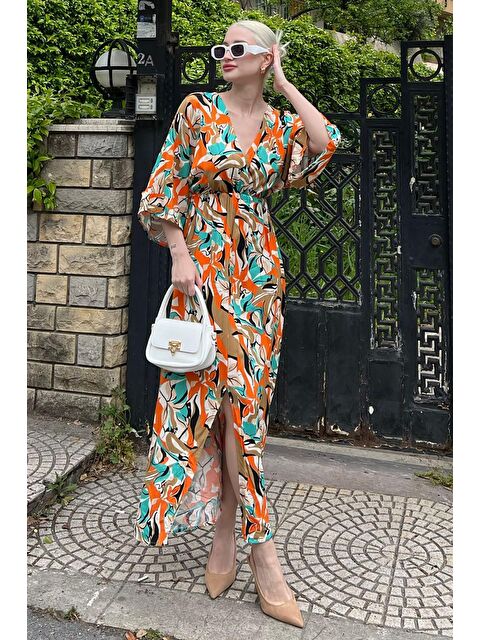 Madmext Turuncu Uzun V Yaka Desenli Kadın Elbise Mg2076 - S000185540-20013