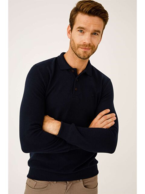 igs Lacivert Standart Fit Dar Kalıp Polo Yaka Düz Uzun Kollu Triko - S000490049-21164