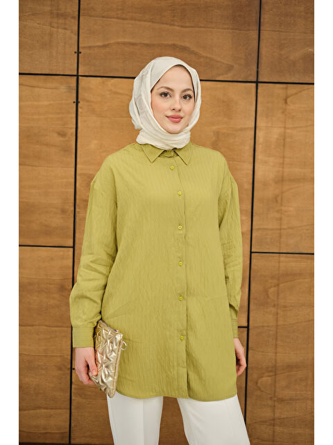 Locco Moda Kadın Krinkıl Kumaş Düğme Detay Gömlek Yağ Yeşil - S000513626-18194