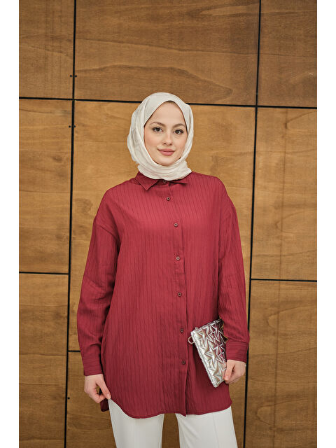 Locco Moda Kadın Krinkıl Kumaş Düğme Detay Gömlek Bordo - S000513626-19951