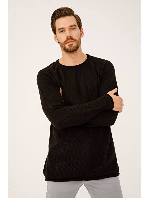 igs Siyah Rahat Kalıp Bisiklet Yaka Düz Uzun Kollu Triko - S000490029-19351