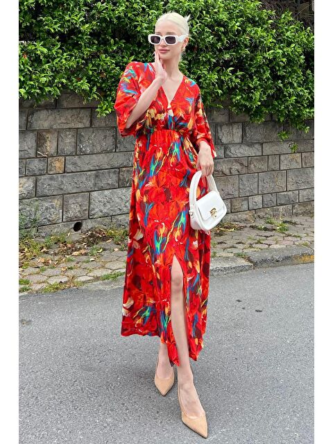 Madmext Kırmızı Uzun V Yaka Desenli Kadın Elbise Mg2076 - S000185540-20045