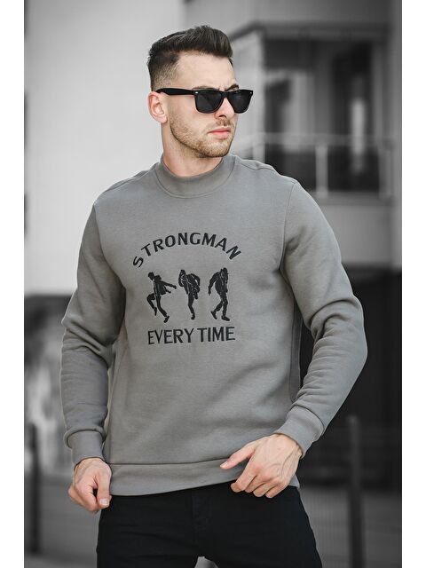 Oksit Strong Man Nakışlı Üç İplik Şardonlu Yarım Balıkçı Yaka Erkek Sweatshirt - S000126678-29666