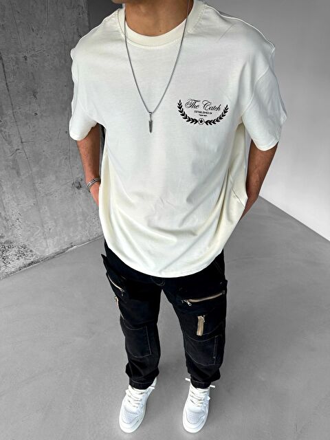 Abluka Online Erkek Oversize Tişört %100 Pamuk Dokulu Kalın Bisiklet Yaka Ekru - S000144623-19965