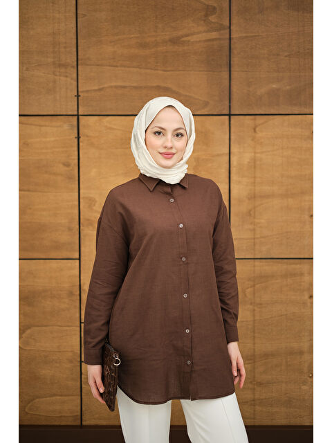 Locco Moda Kadın Şeffaf Düğme Detaylı Basic Gömlek Kahverengi - S000513576-19413