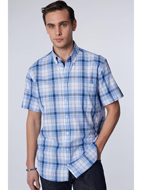 TUDORS Erkek Regular Fit Klasik Kesim %100 Pamuk Keten Doku Tek Cepli Kareli Düğmeli Yaka Gömlek