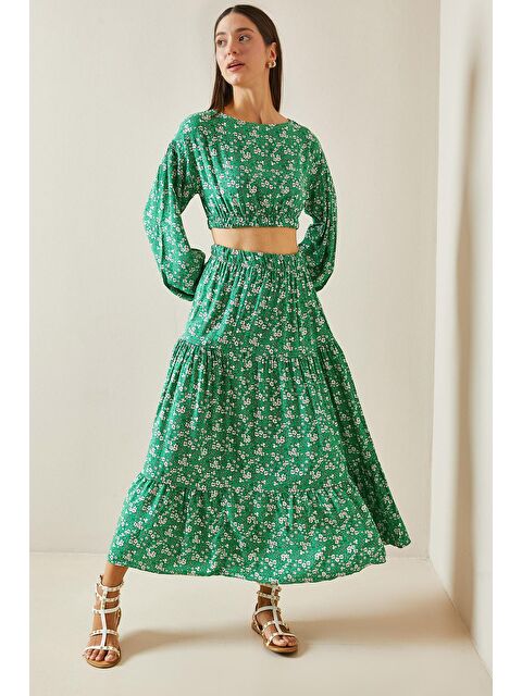Xhan Yeşil Çiçek Desenli Crop İkili Takım 5YXK8-48865-08 - S000241814-18194