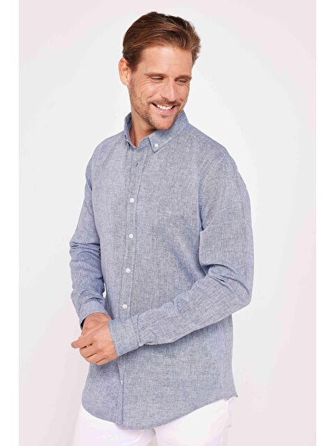 TUDORS Slim Fit Uzun Kollu Dar Kesim Keten Doku Premium Seri Düğmeli Yaka Düz Lacivert Erkek Gömlek