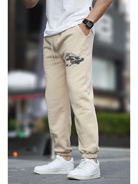 Madmext Bej  Paçası Lastikli  Cep Detaylı Baskılı Erkek Jogger Eşofman Altı 6553 - S000267589-19928