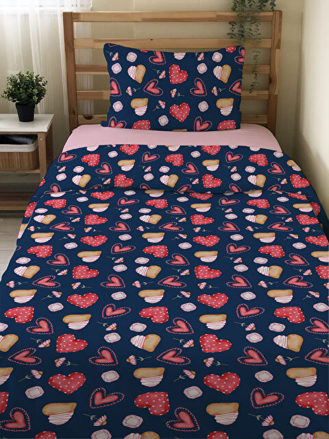 Evmila Çift Taraflı Kalp  Desenli Çarşafsız Takım Tek Kişilik Nevresim Takımı 160x220 Cm - S000337863-23173