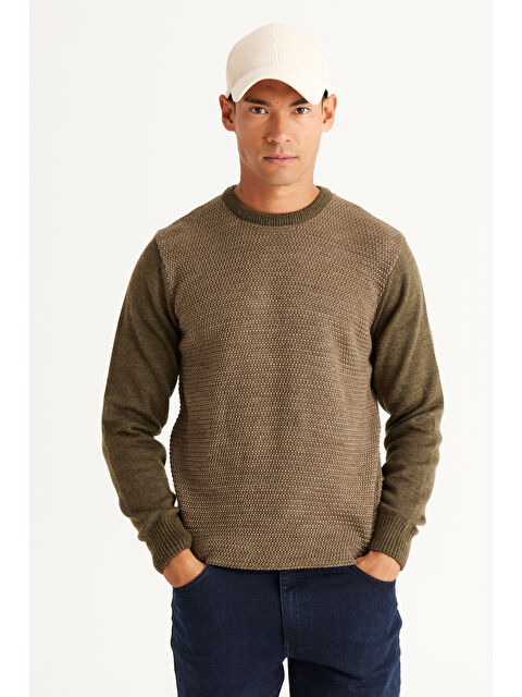 AC&Co / Altınyıldız Classics Erkek Haki-Bej Standart Fit Normal Kesim Bisiklet Yaka Petek Desenli Triko - S000394642-250