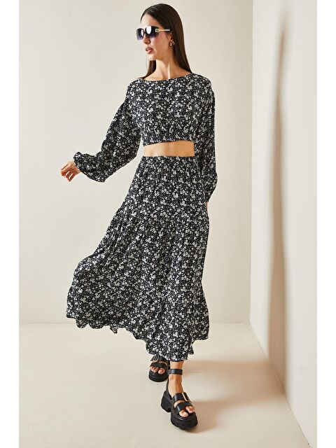 Xhan Siyah Çiçek Desenli Crop İkili Takım 5YXK8-48865-02 - S000241814-19351