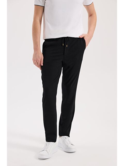 JAKAMEN Siyah Comfort Fit Beli Lastikli Esnek Kumaş Jogger Pantolon