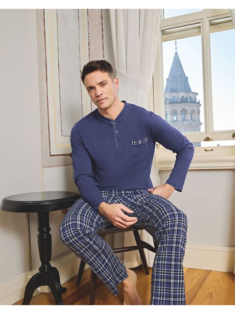 Formo Erkek Mavi %100 Doğal Pamuk Uzun Kollu Yüksek Kaliteli Pijama Takımı - S000486911-17234