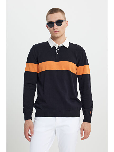 AC&Co / Altınyıldız Classics Erkek Siyah-Hardal Standart Fit Normal Kesim Polo Yaka %100 Pamuklu Desenli Triko Kazak - S000396824-19351